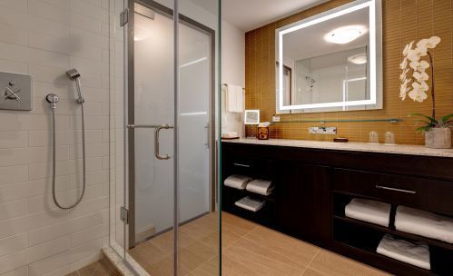 Guest Room Bathroom with Stand Alone Glass Enclosed Shower